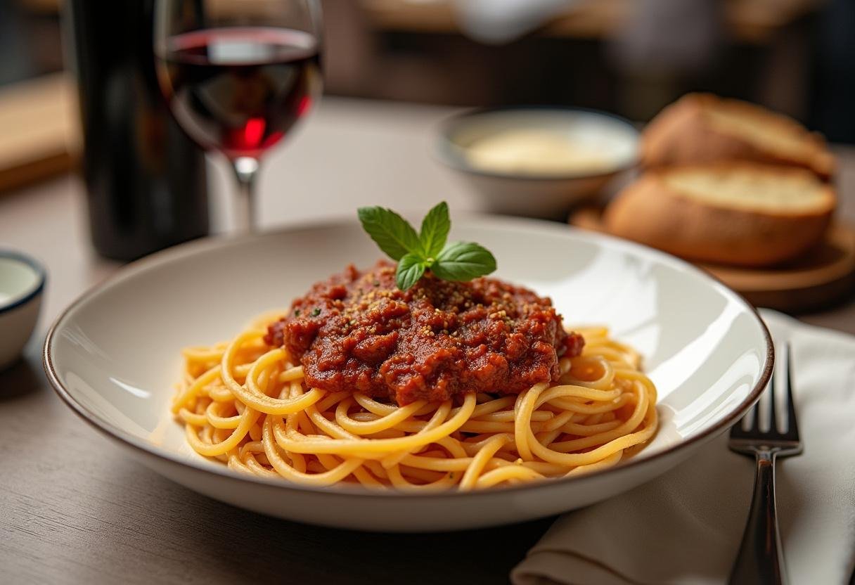 Fertige Spaghetti Bolognese, serviert mit Wein und Brot, perfekt für Familienessen.