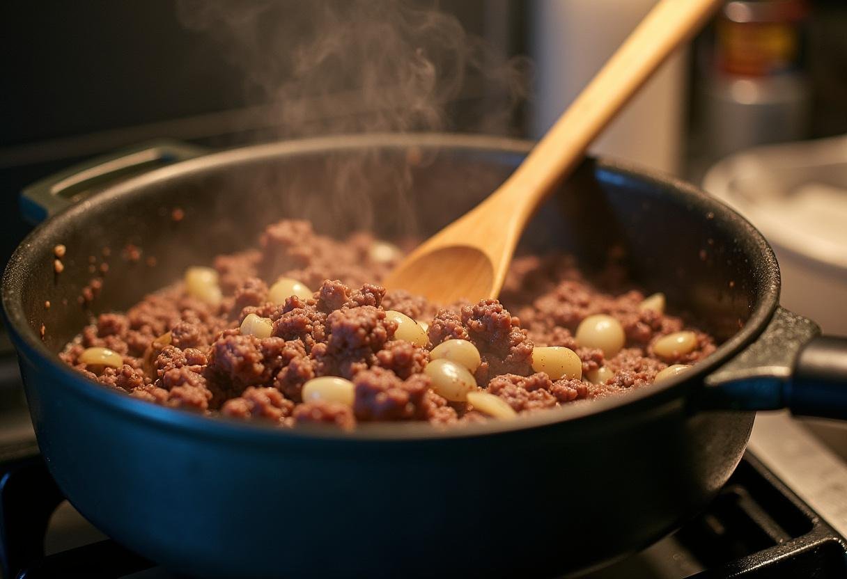 Rinderhackfleisch und Zwiebeln köcheln für die Zubereitung von Spaghetti Bolognese.