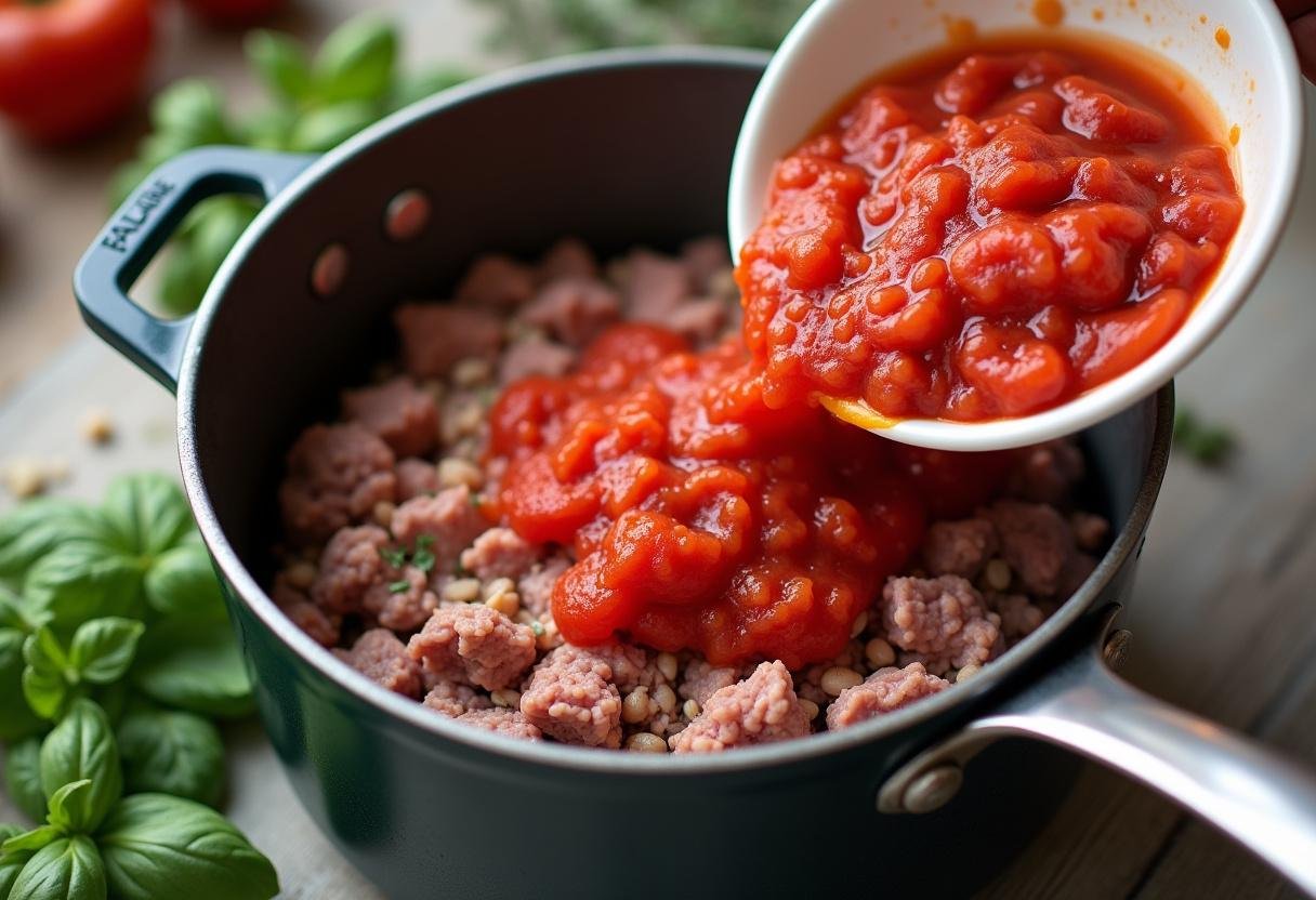 Gehackte Tomaten werden mit Fleisch für eine authentische Spaghetti Bolognese Sauce kombiniert.
