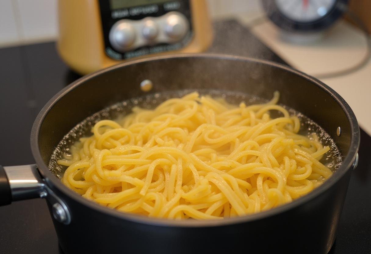 Spaghetti-Nudeln kochen für die perfekte Textur in Spaghetti Bolognese.