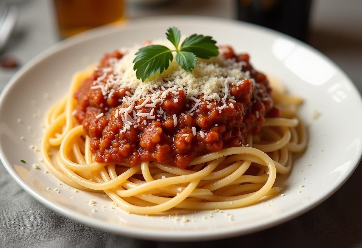 Spaghetti Bolognese, serviert mit Sauce und Käse, als Präsentation einer leckeren italienischen Mahlzeit.