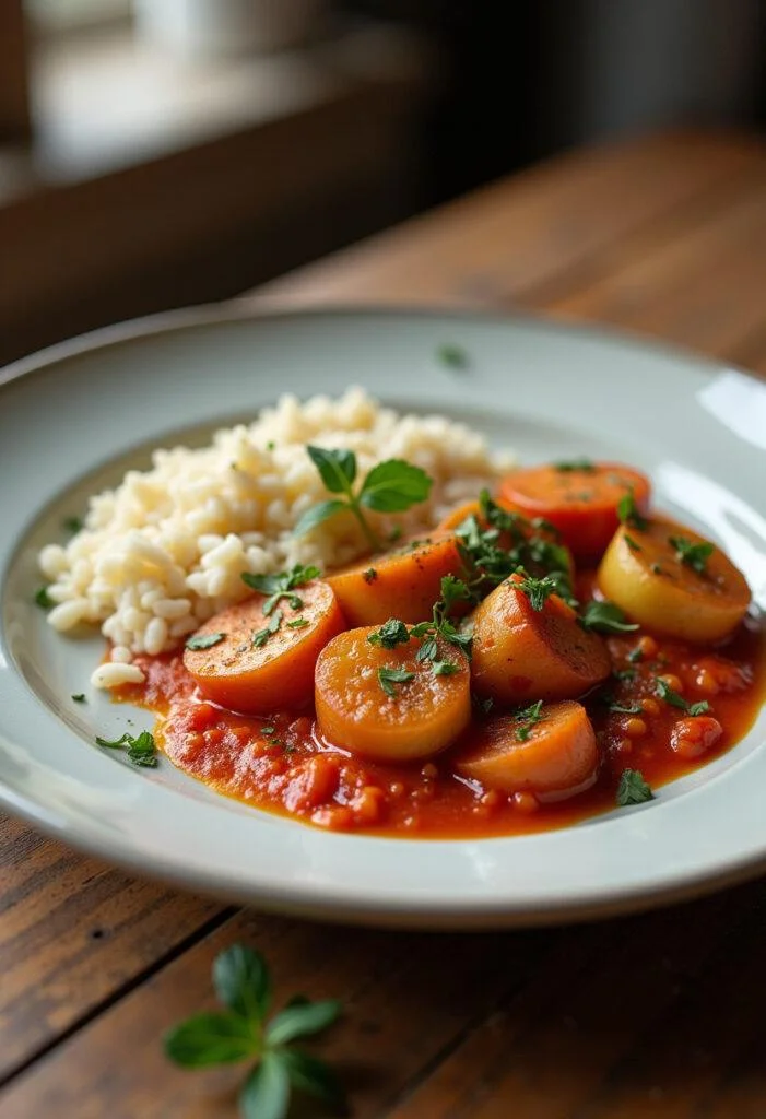 Fertiges Paprika-Zucchini-Sahne-Hähnchen mit frischen Kräutern und Reis auf dem Tisch.