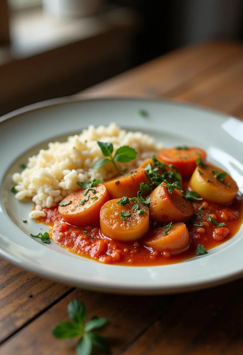 Fertiges Paprika-Zucchini-Sahne-Hähnchen mit frischen Kräutern und Reis auf dem Tisch.