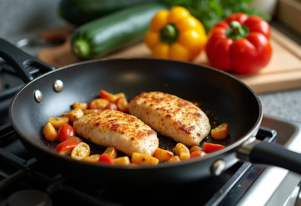 Hähnchenbruststücke in der Pfanne gebraten, um Paprika-Zucchini-Sahne-Hähnchen zuzubereiten.
