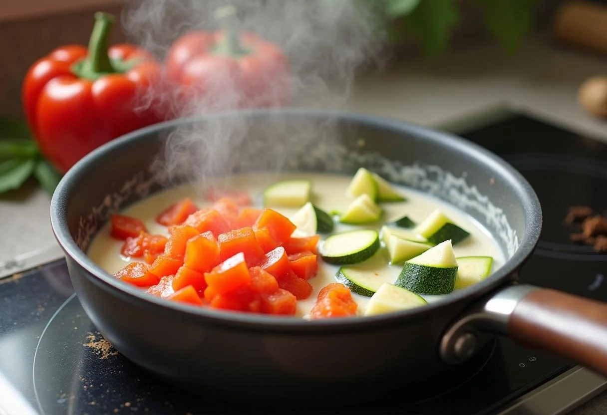 Sahne wird mit Paprika und Zucchini für das Hähnchen erhitzt.