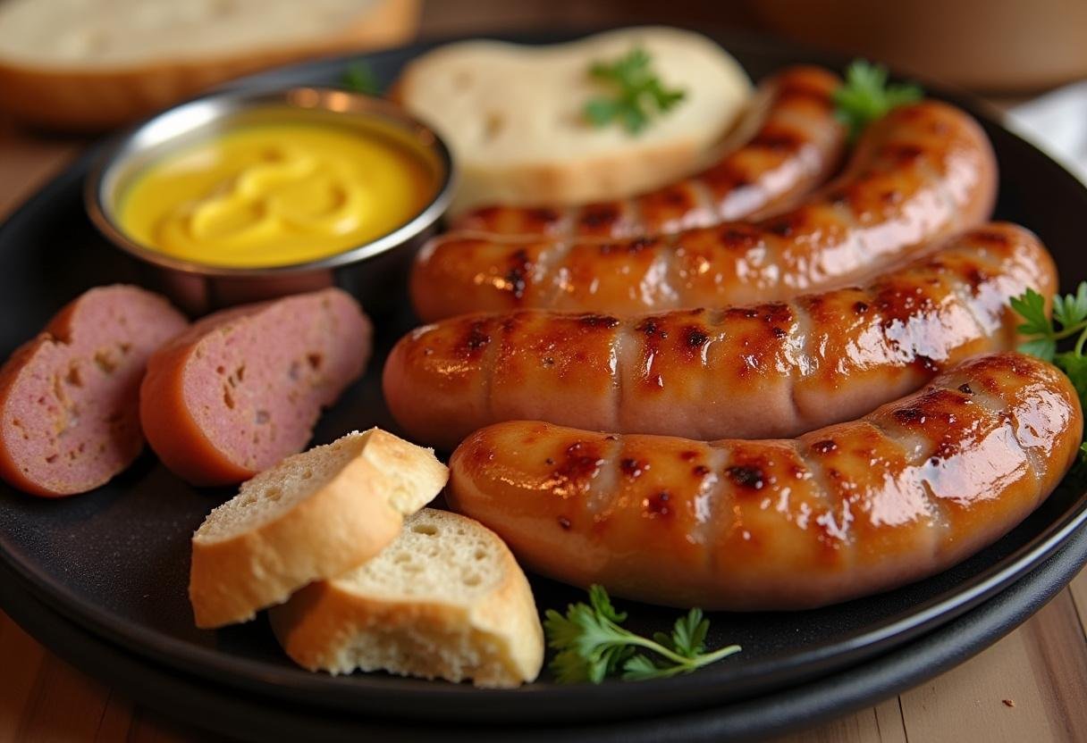 Perfekt gegrillte Bratwürste mit knuspriger Haut, serviert mit Senf und frischem Brot.