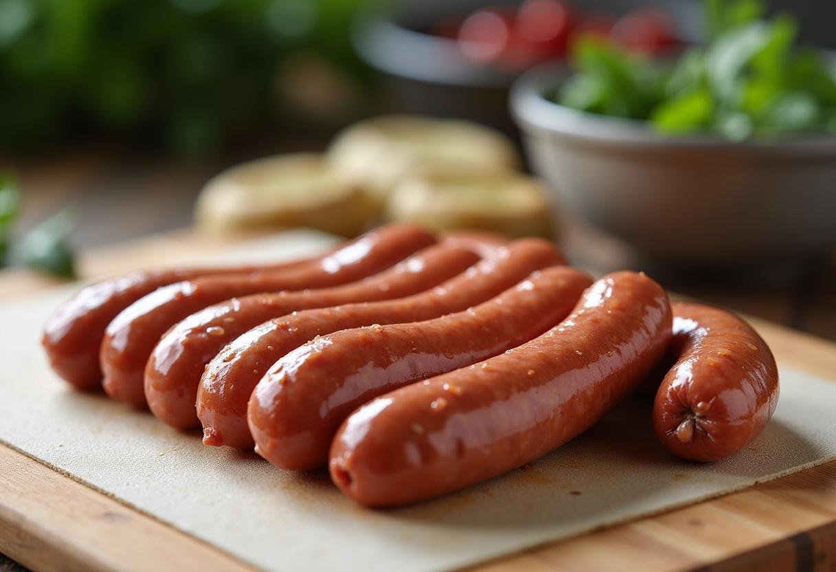 Frische Bratwürste auf einem Schneidebrett mit Marinade und Kräutern für das perfekte Grillen.