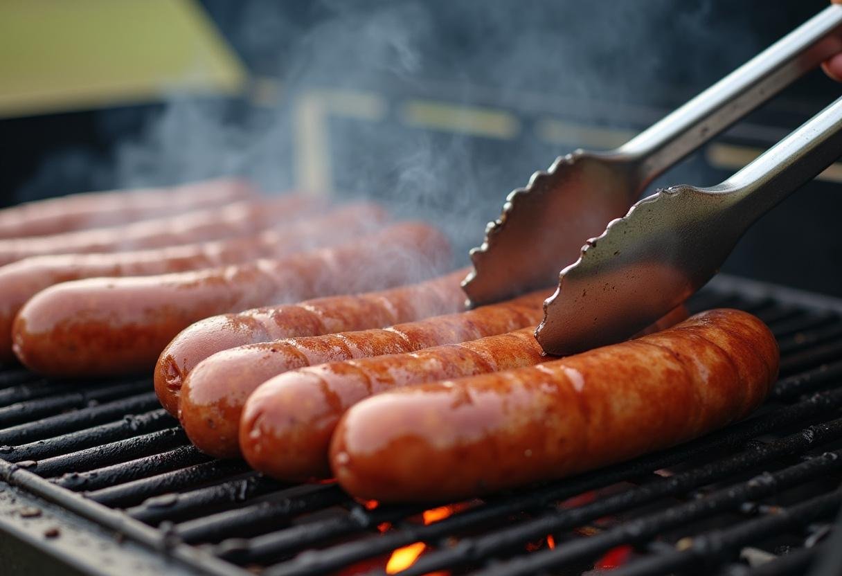 Bratwürste werden mit einer Zange gewendet, um gleichmäßiges Grillen zu garantieren.