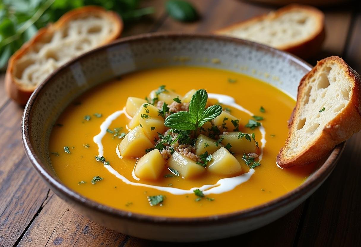 Finished Pikante Kartoffelsuppe der Natur garnished with herbs and cream, ready to serve.