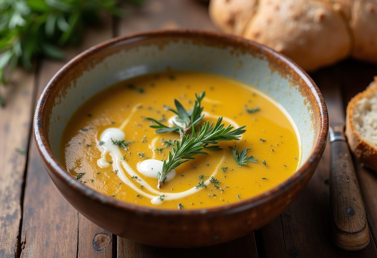 Finished Pikante Kartoffelsuppe der Natur garnished with herbs and cream, ready to serve.
