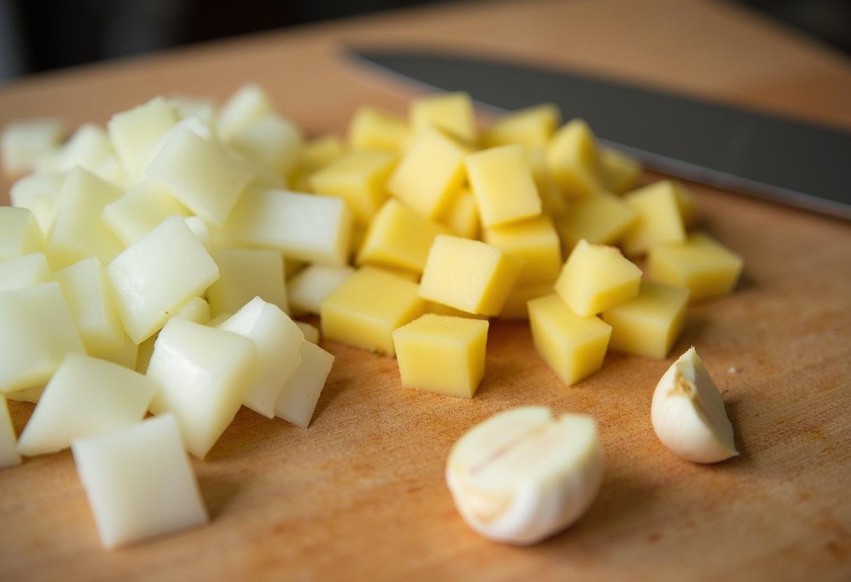 Diced potatoes, onions, and garlic prepared for making Pikante Kartoffelsuppe der Natur.