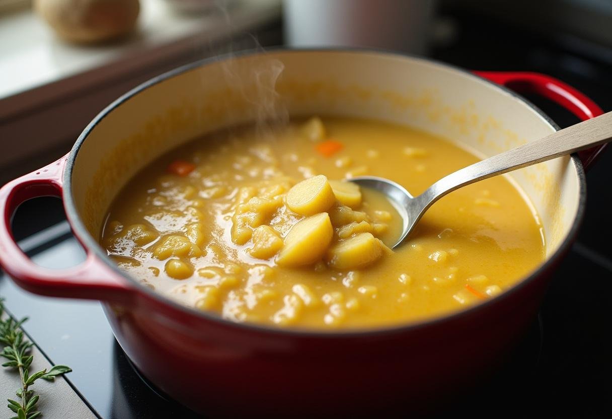 Simmering pot of Pikante Kartoffelsuppe der Natur with creamy texture.