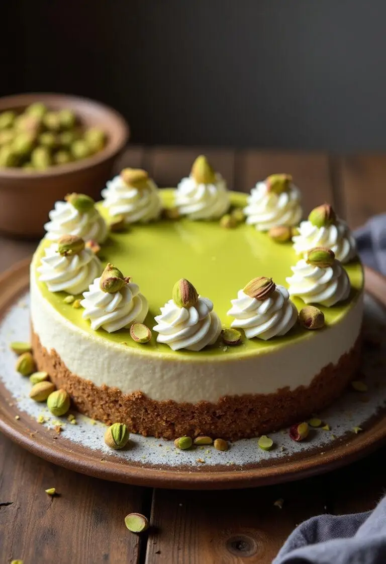 Fertiger Pistazien-Käsekuchen, dekoriert mit Pistazien und Minzblättern, bereit zum Servieren.