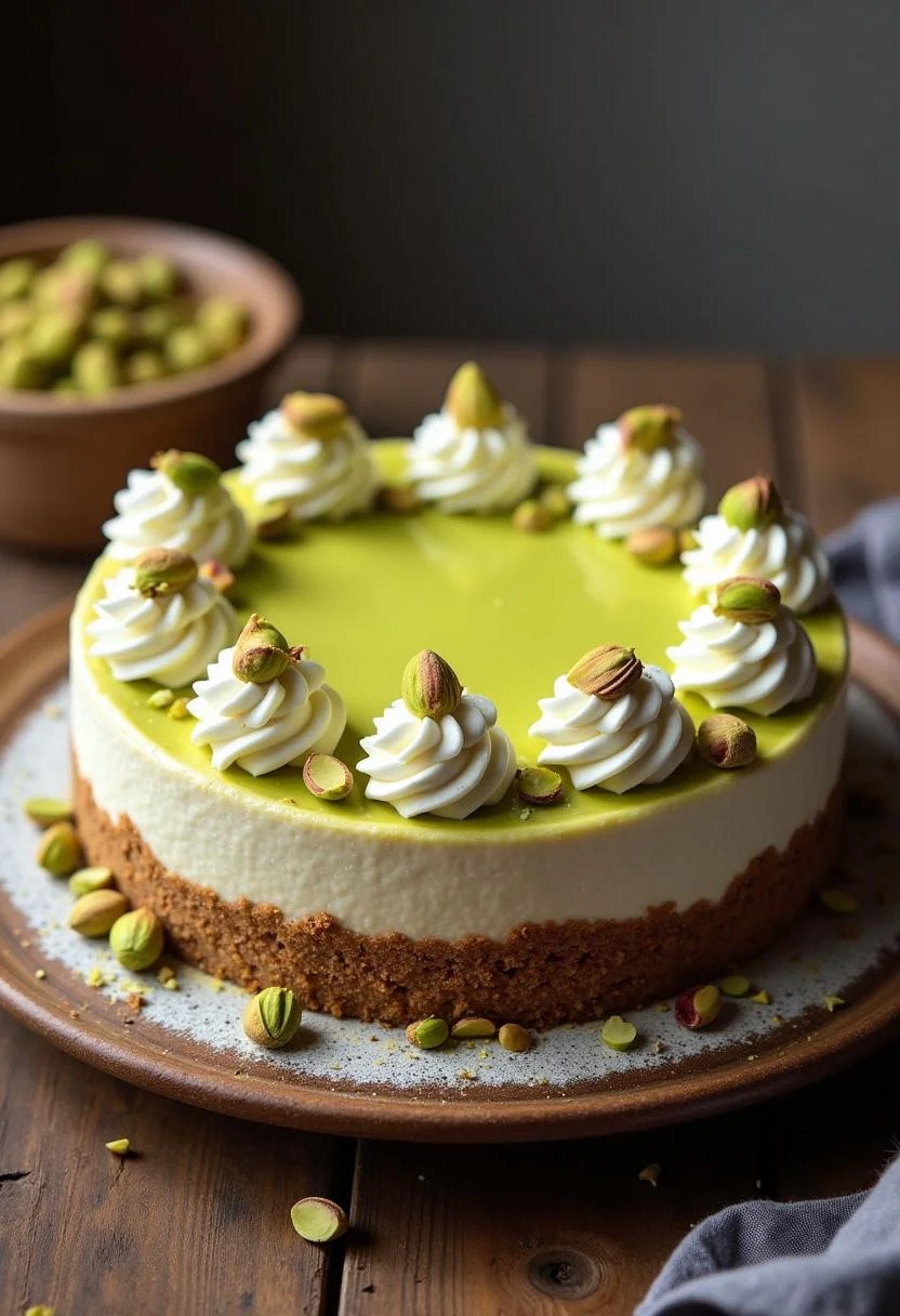 Fertiger Pistazien-Käsekuchen, dekoriert mit Pistazien und Minzblättern, bereit zum Servieren.