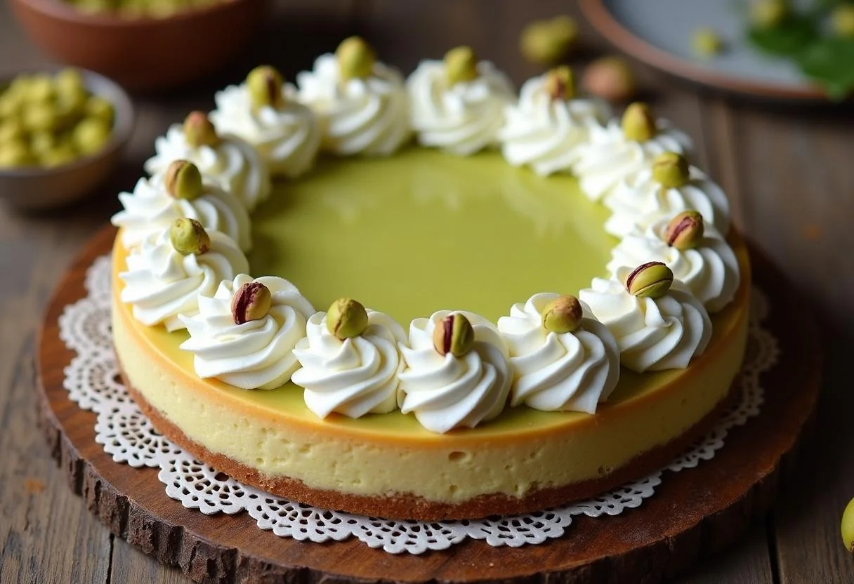 Fertiger Pistazien-Käsekuchen, dekoriert mit Pistazien und Minzblättern, bereit zum Servieren.