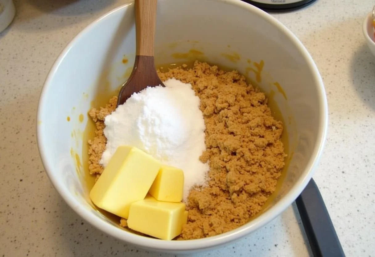 Zutaten für den Pistazien-Käsekuchen in einer Schüssel, bereit zum Mischen.