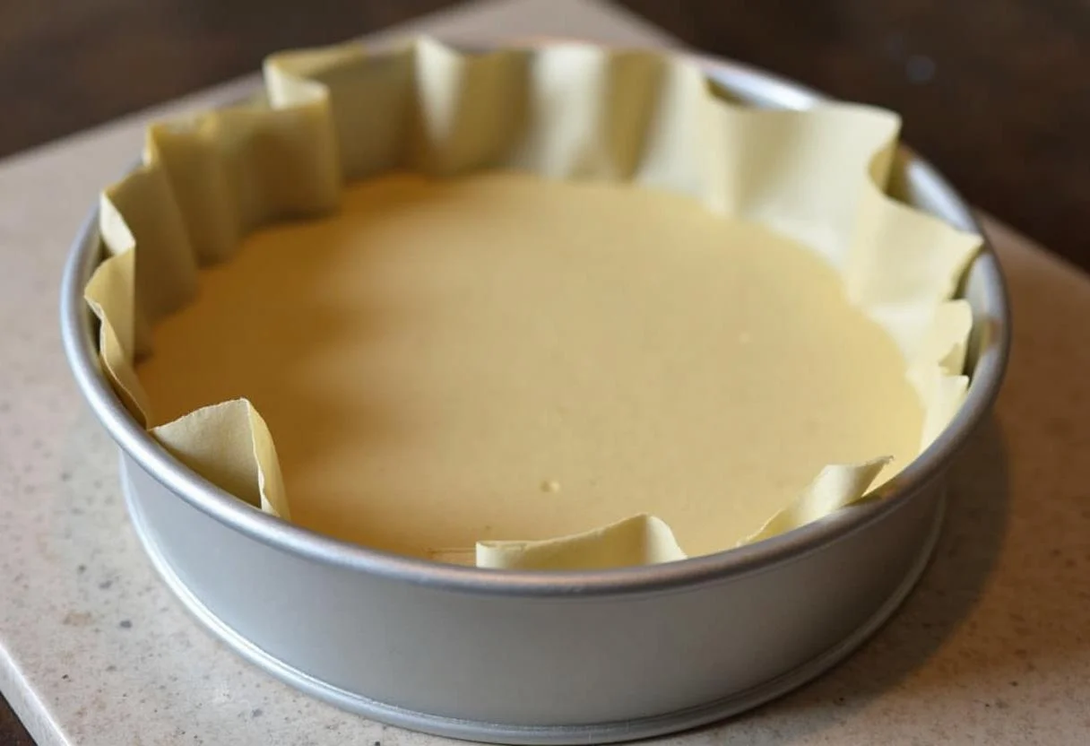Gehackte Pistazien auf der cremigen Käsekuchenmasse für den Pistazien-Käsekuchen.