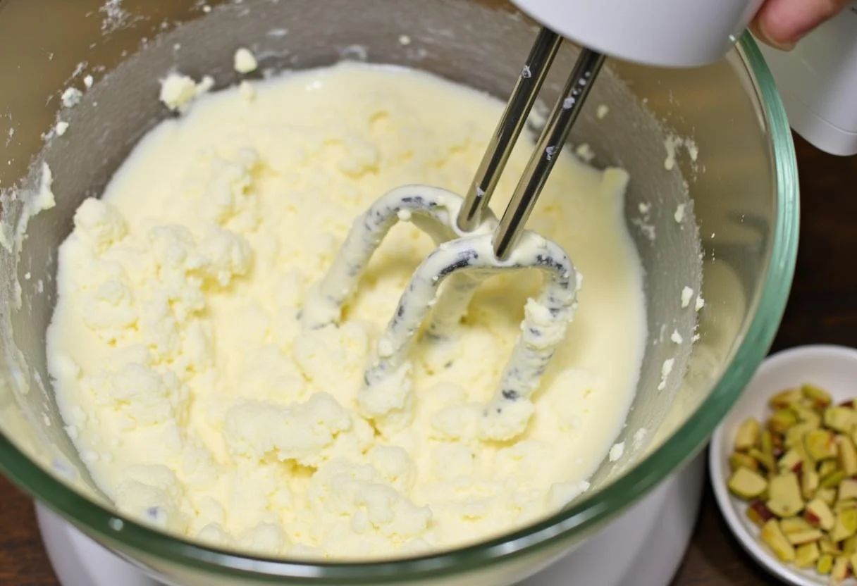 Der Pistazien-Käsekuchen-Teig wird in eine vorgebackene Keks-Kruste gegossen.