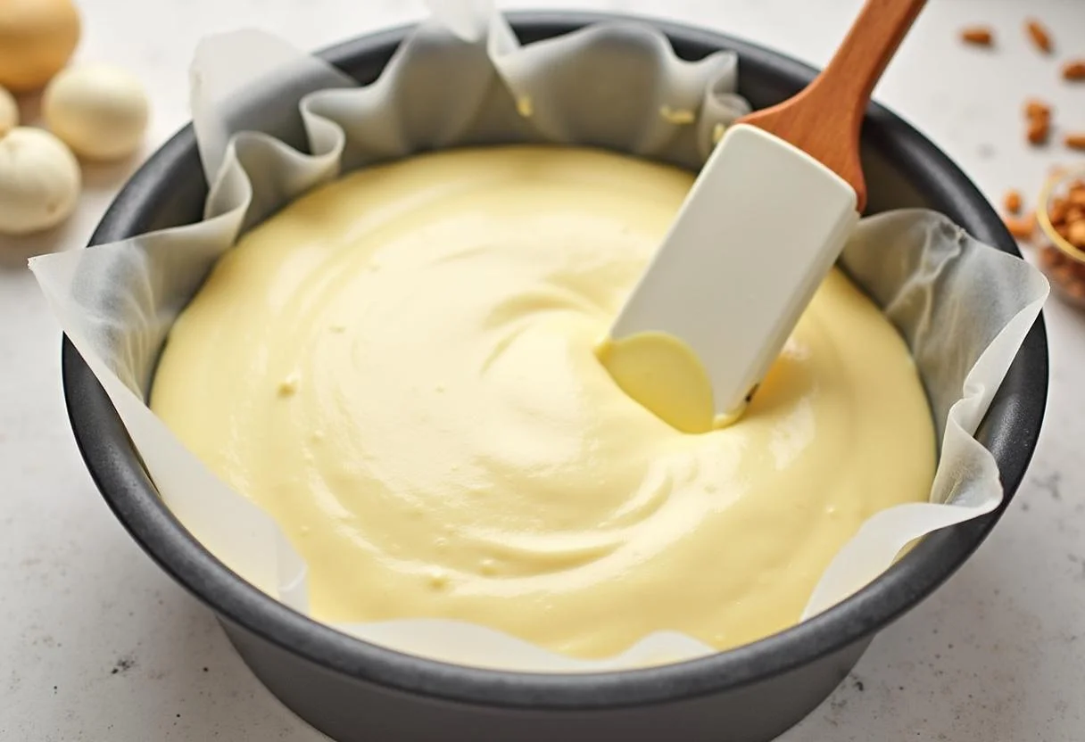 Gegossene Frischkäsefüllung in die vorbereitete Kuchenform für den Pistazien-Käsekuchen.