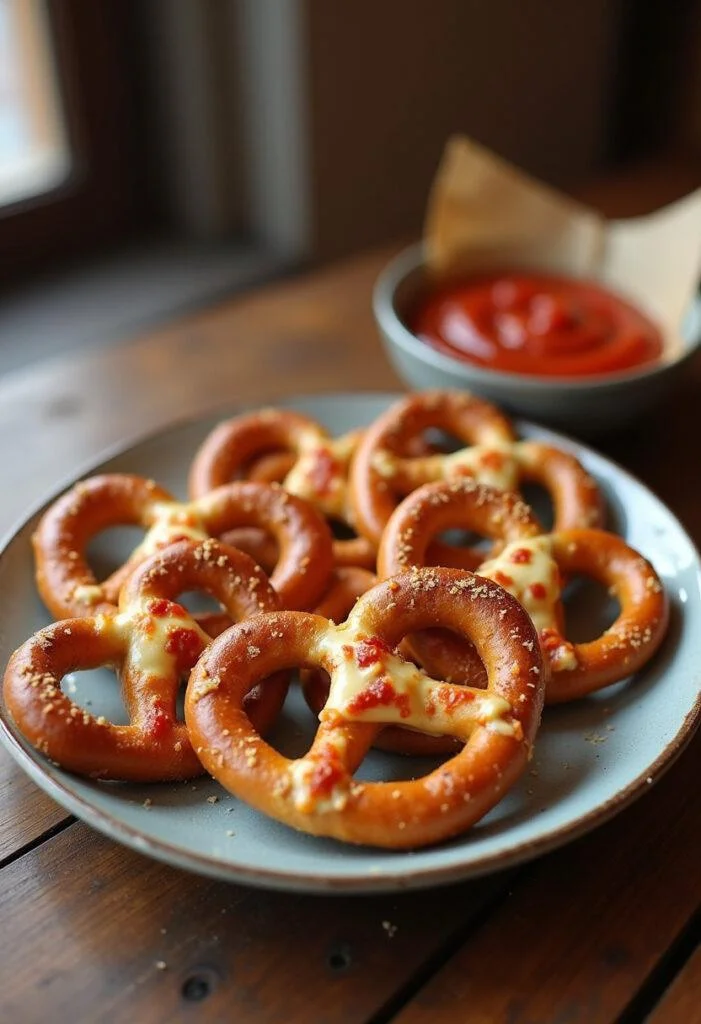 Fertige Pizza-Brezel goldbraun mit geschmolzenem Käse, ideal zum Genießen.