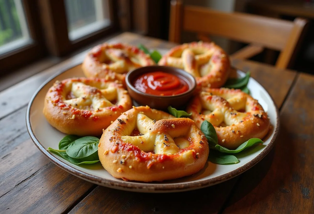 Fertige Pizza-Brezel goldbraun mit geschmolzenem Käse, ideal zum Genießen.