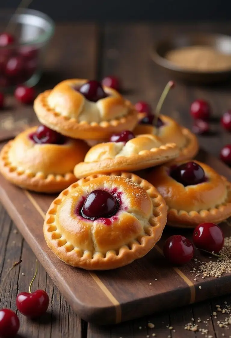 Fertige Pocket-Pies mit Kirschfüllung auf einem rustikalen Tisch, perfekt serviert.