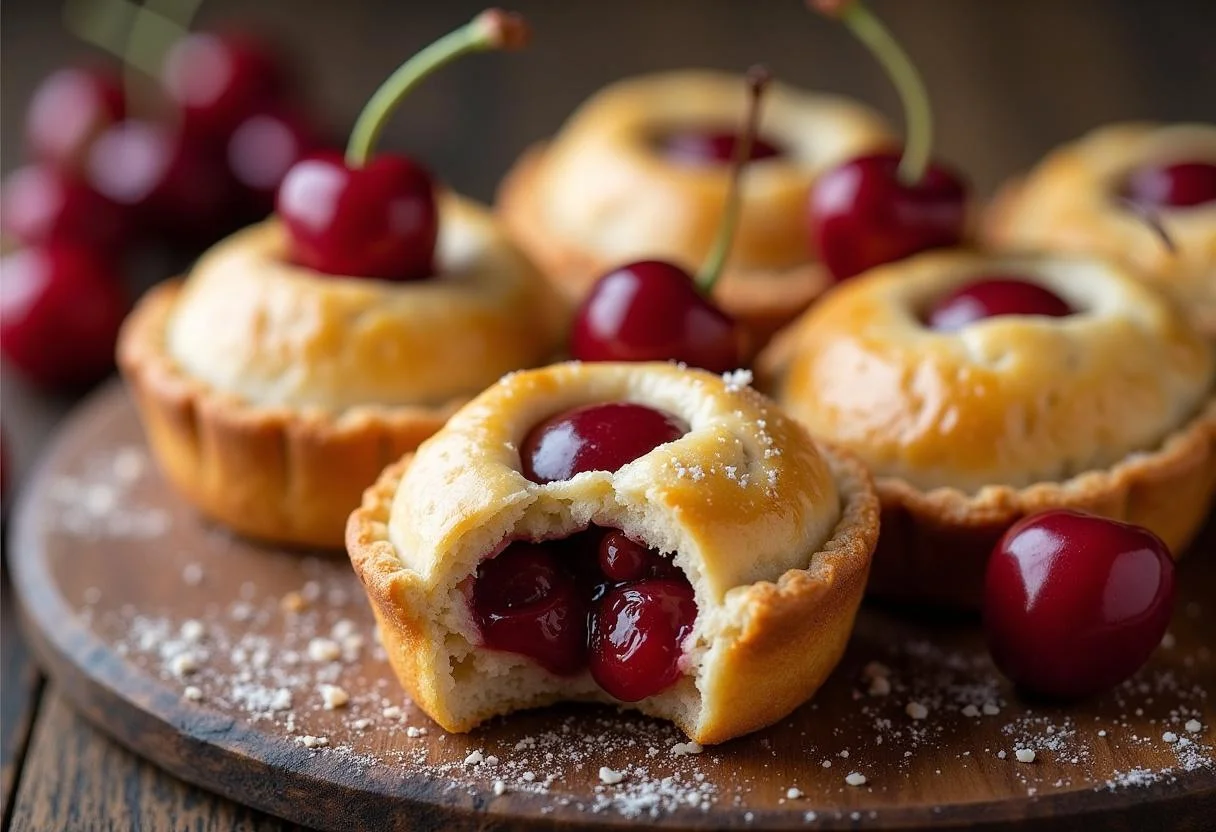 Fertige Pocket-Pies mit Kirschfüllung auf einem rustikalen Tisch, perfekt serviert.
