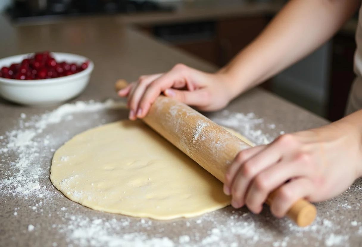 Zutaten zur Herstellung des Teigs für Pocket-Pies mit Kirschfüllung auf der Arbeitsfläche.