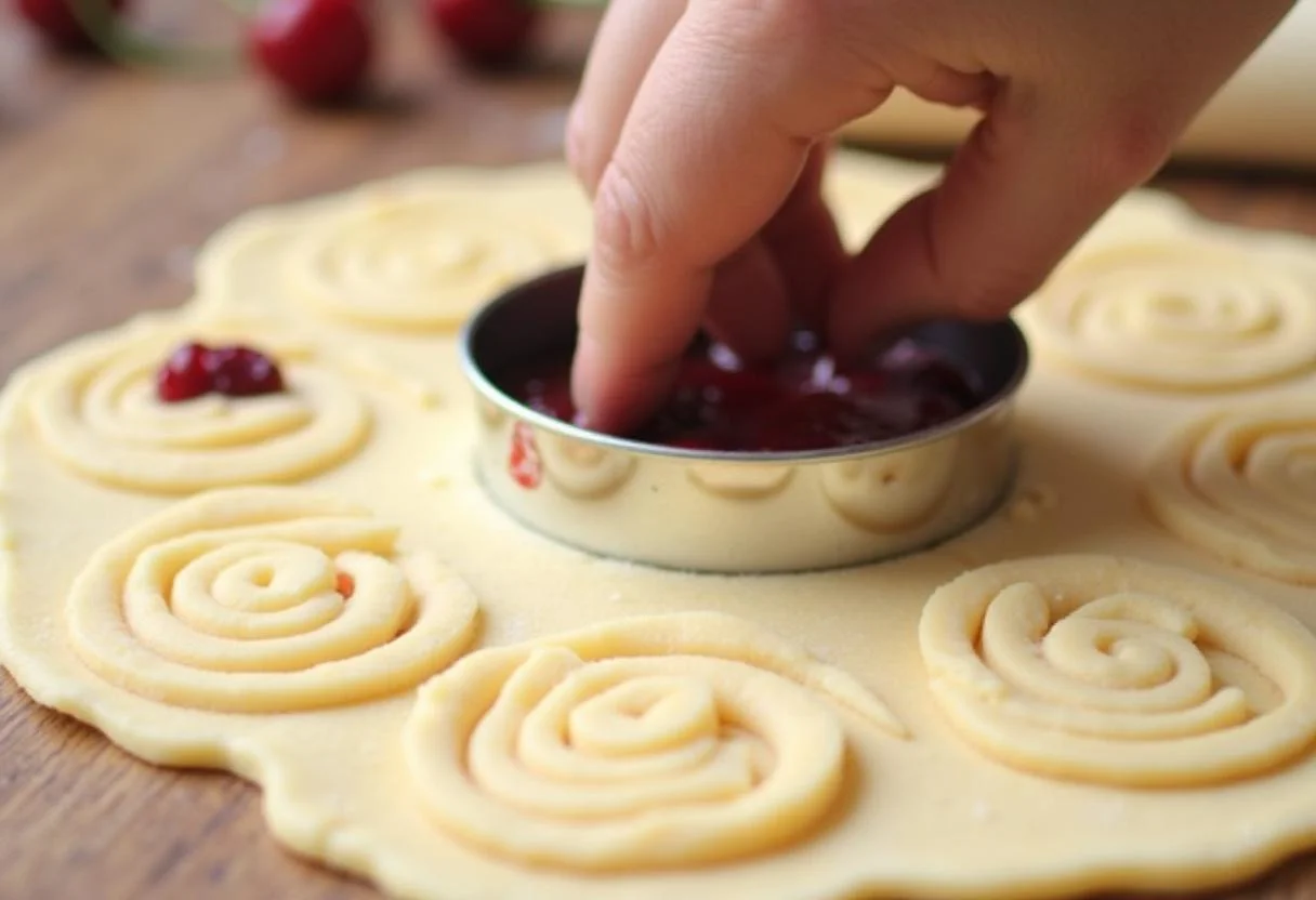 Teigkreise für Pocket-Pies werden auf der Arbeitsfläche ausgeschnitten.