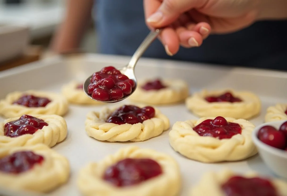 Kirschenfüllung wird auf den Teigkreis für Pocket-Pies gegeben.