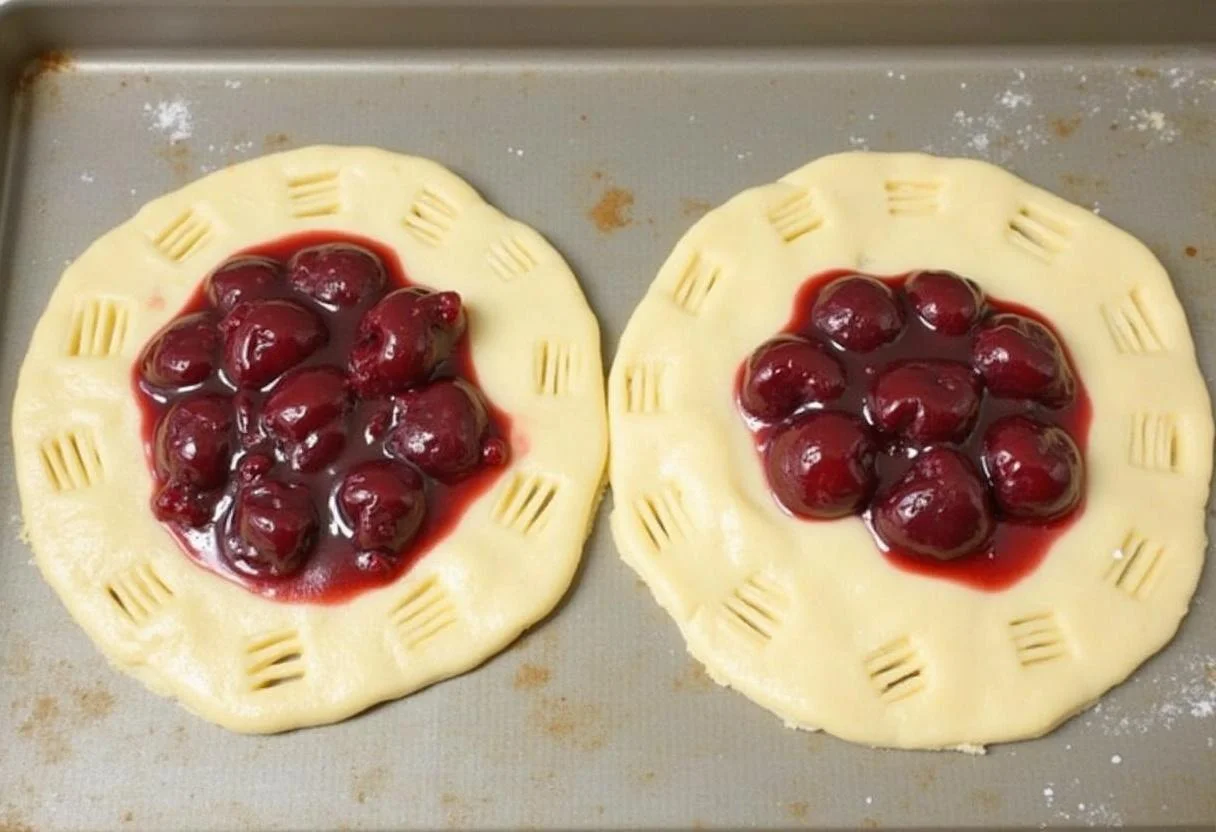 Vorbereitete Pocket-Pies mit Kirschfüllung auf einem Backblech, bereit für den Ofen.