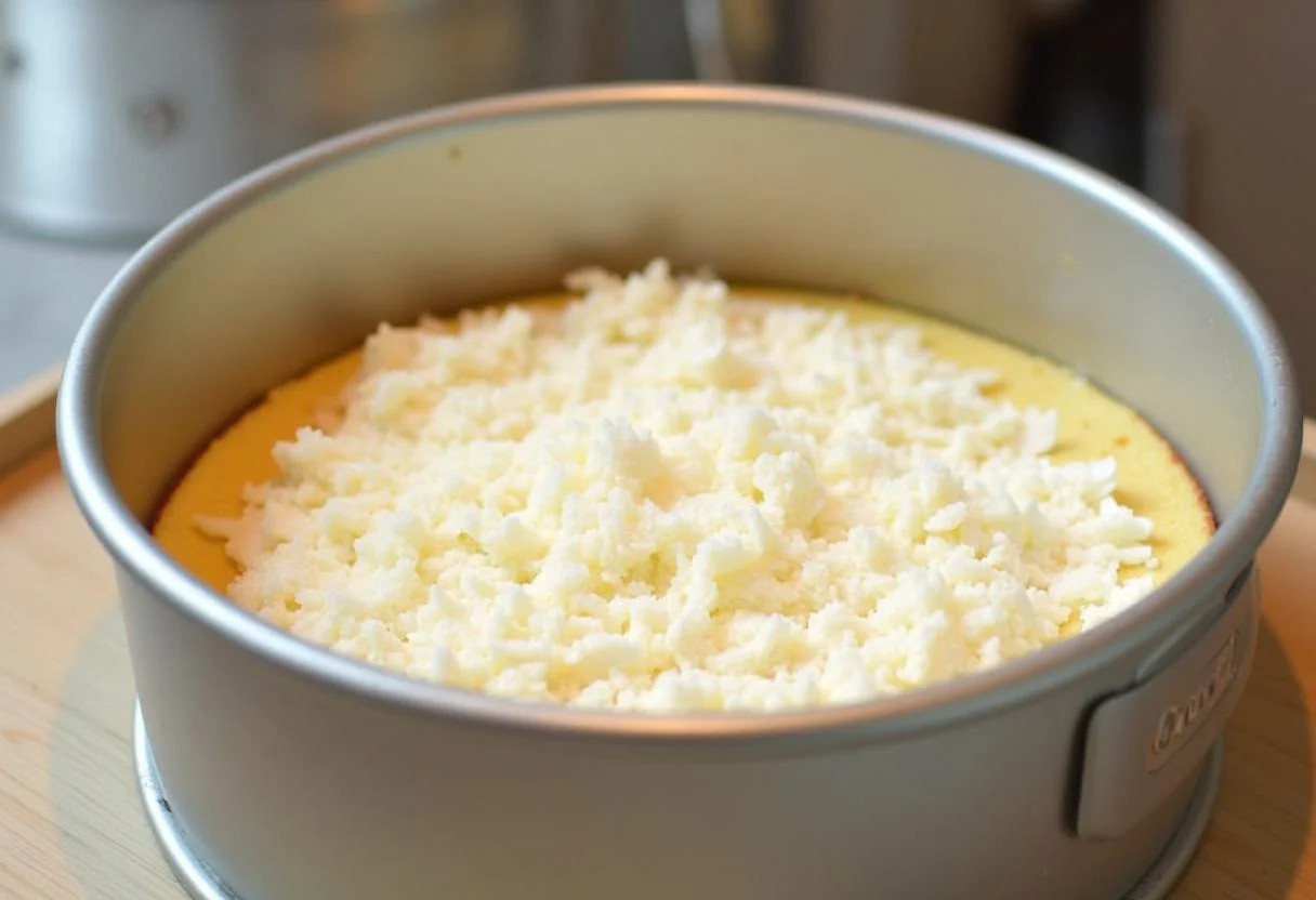 Kokoscreme wird auf den Biskuitboden für den Raffaello-Kuchen aufgetragen.