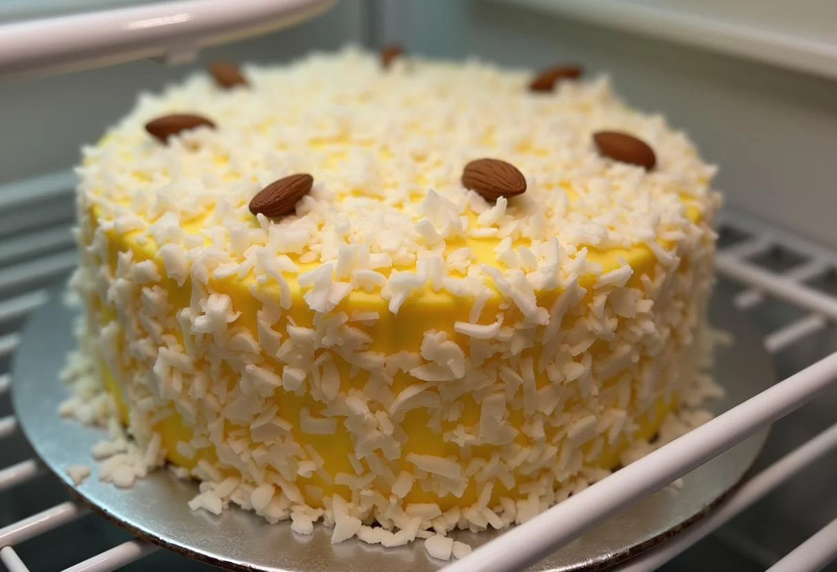 Raffaello-Kuchen wird zum Kühlen in den Kühlschrank gestellt.