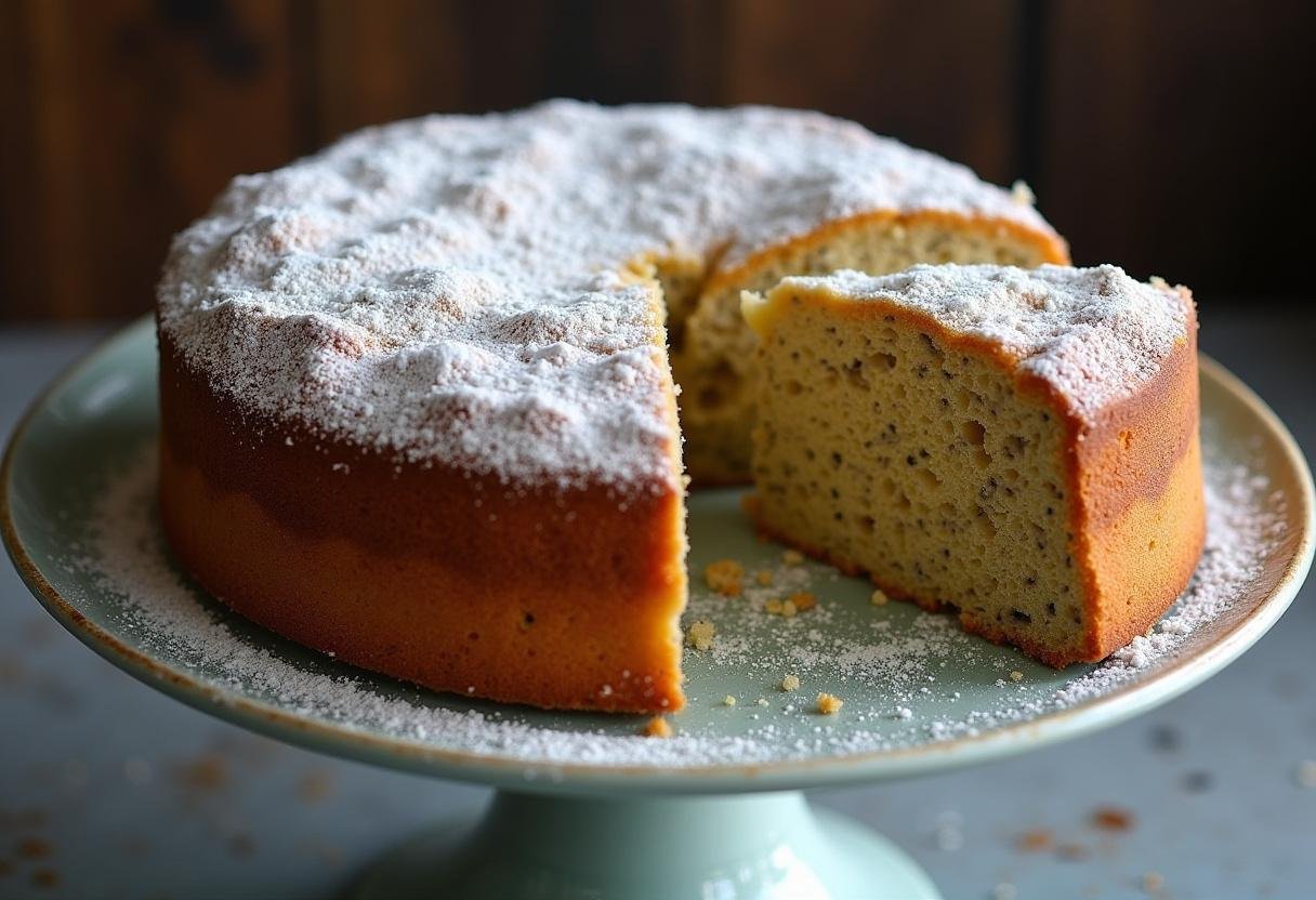 Fertig gebackener Reichhaltiger Mohnkuchen der Oma mit Puderzucker bestäubt und servierfertig.