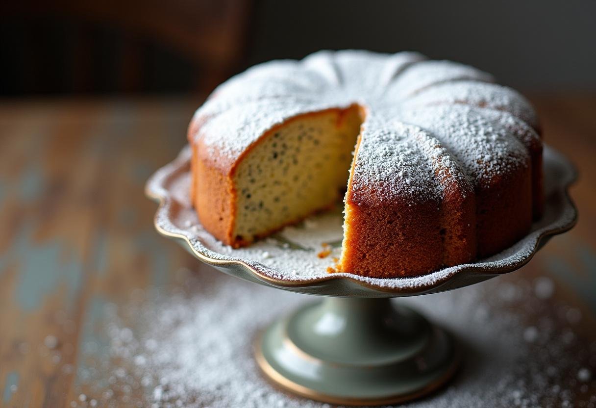 Fertig gebackener Reichhaltiger Mohnkuchen der Oma mit Puderzucker bestäubt und servierfertig.