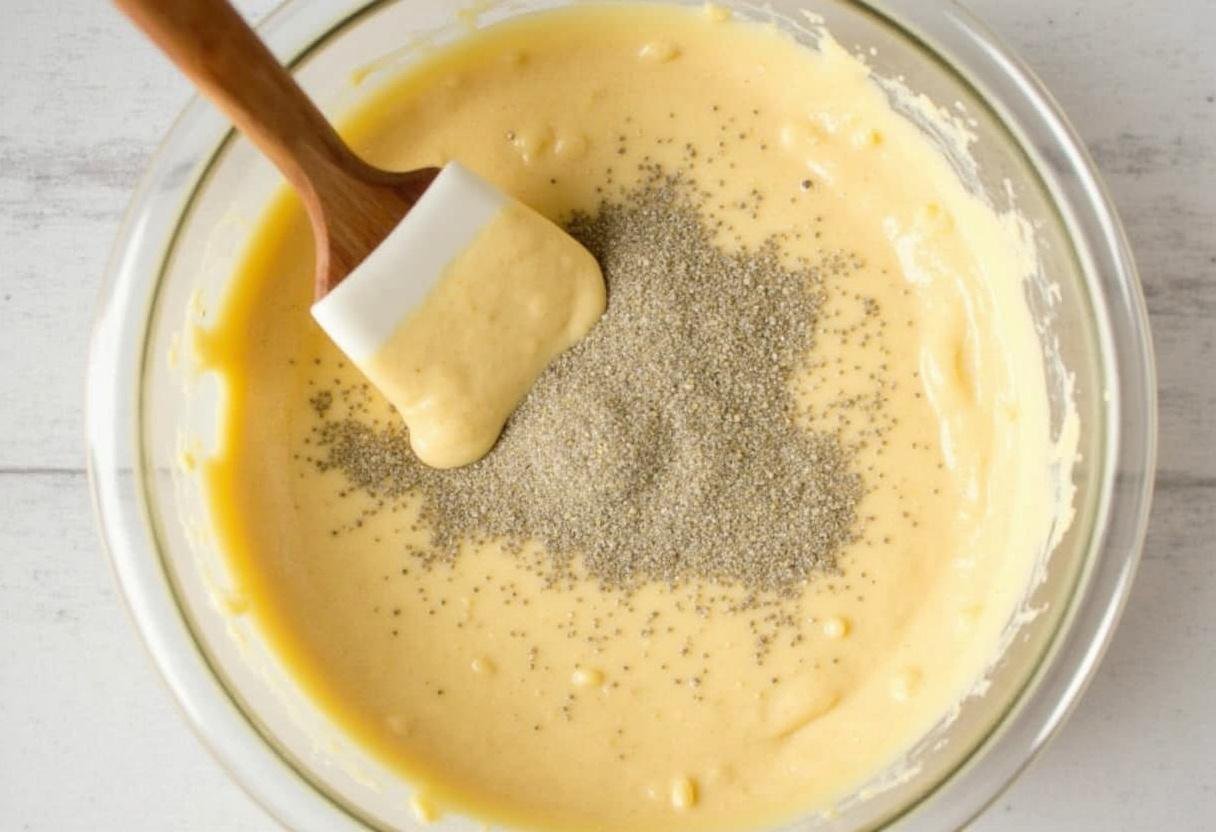 Gemahlener Mohn wird unter den Kuchenteig für den Reichhaltigen Mohnkuchen der Oma gehoben.