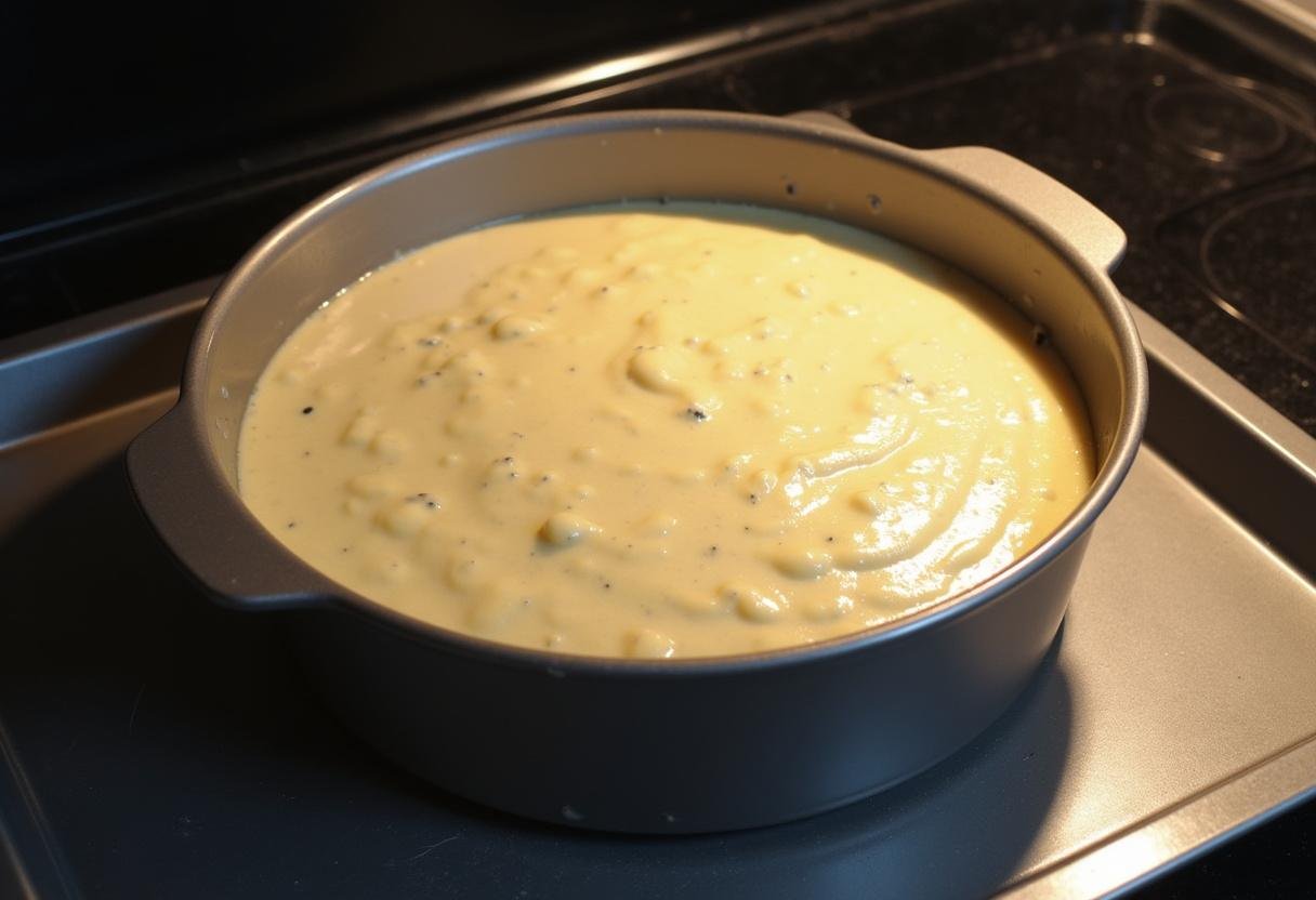 Eingefettete Kuchenform mit Mohnkuchenteig, bereit für den Backofen.
