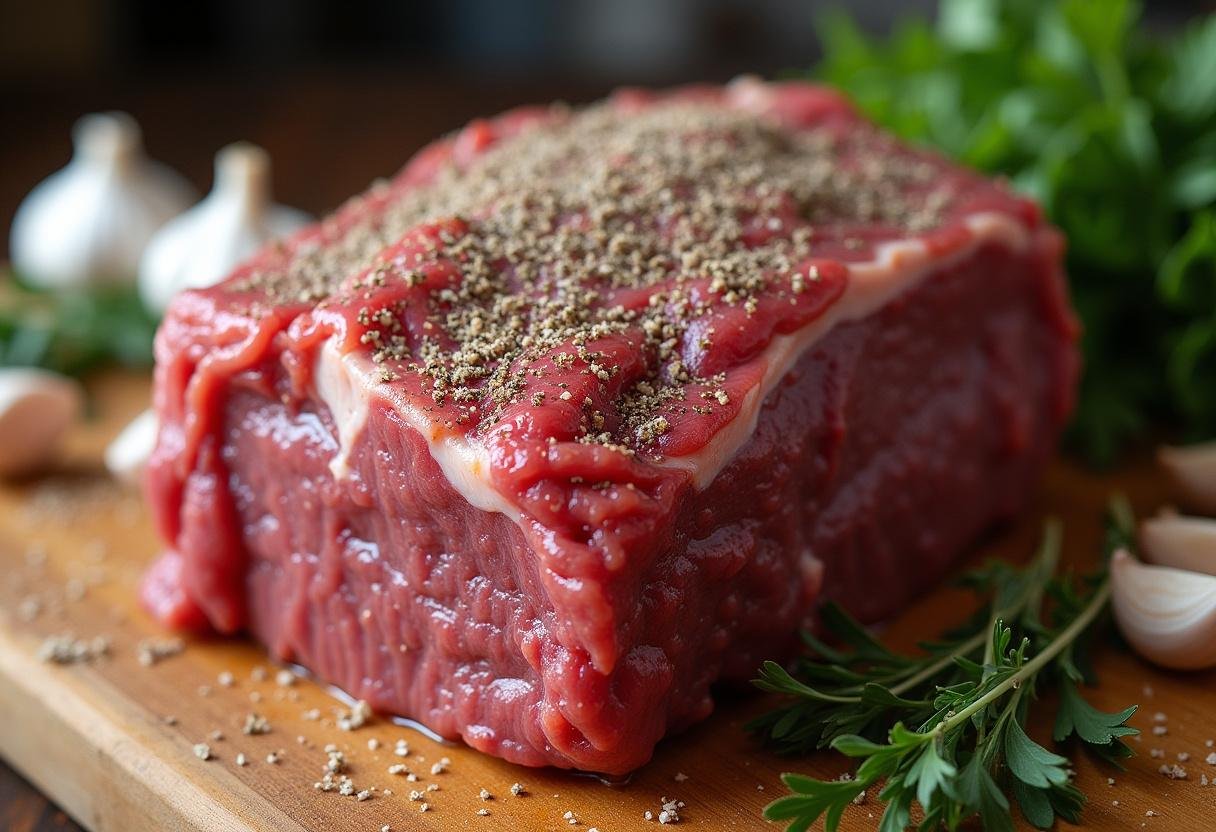 Rinderbraten gewürzt mit Salz und Pfeffer für Rheinischer Senfsauce Rinderbraten.