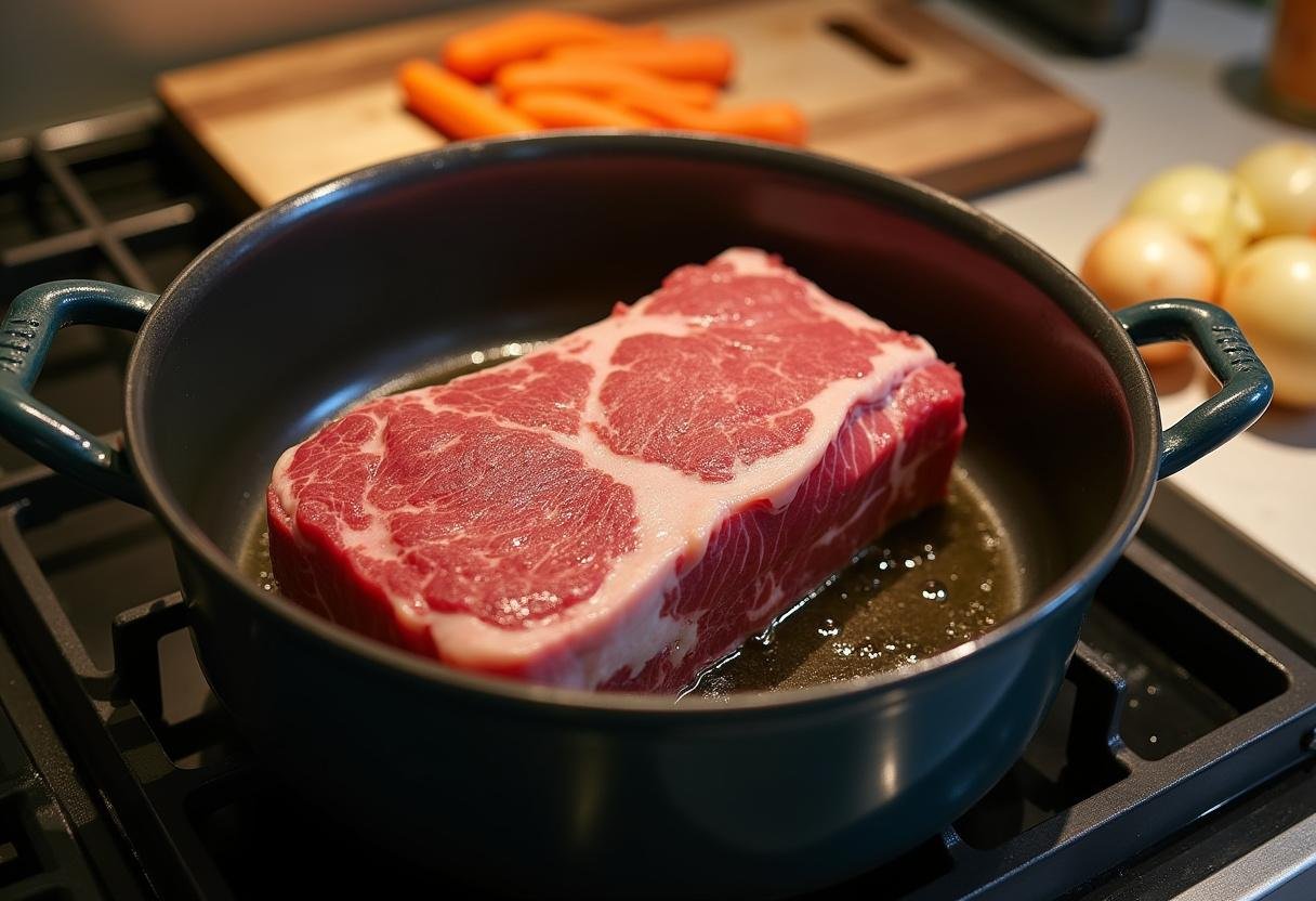 Öl wird in einem Topf erhitzt zum Anbraten des Rinderbratens für Rheinischer Senfsauce Rinderbraten.