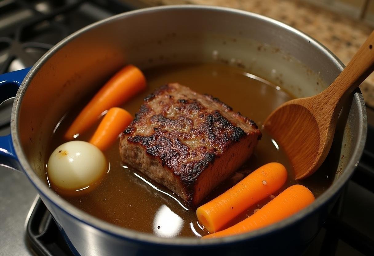 Rinderbraten schmort mit Gemüse und Brühe für Rheinischer Senfsauce Rinderbraten.