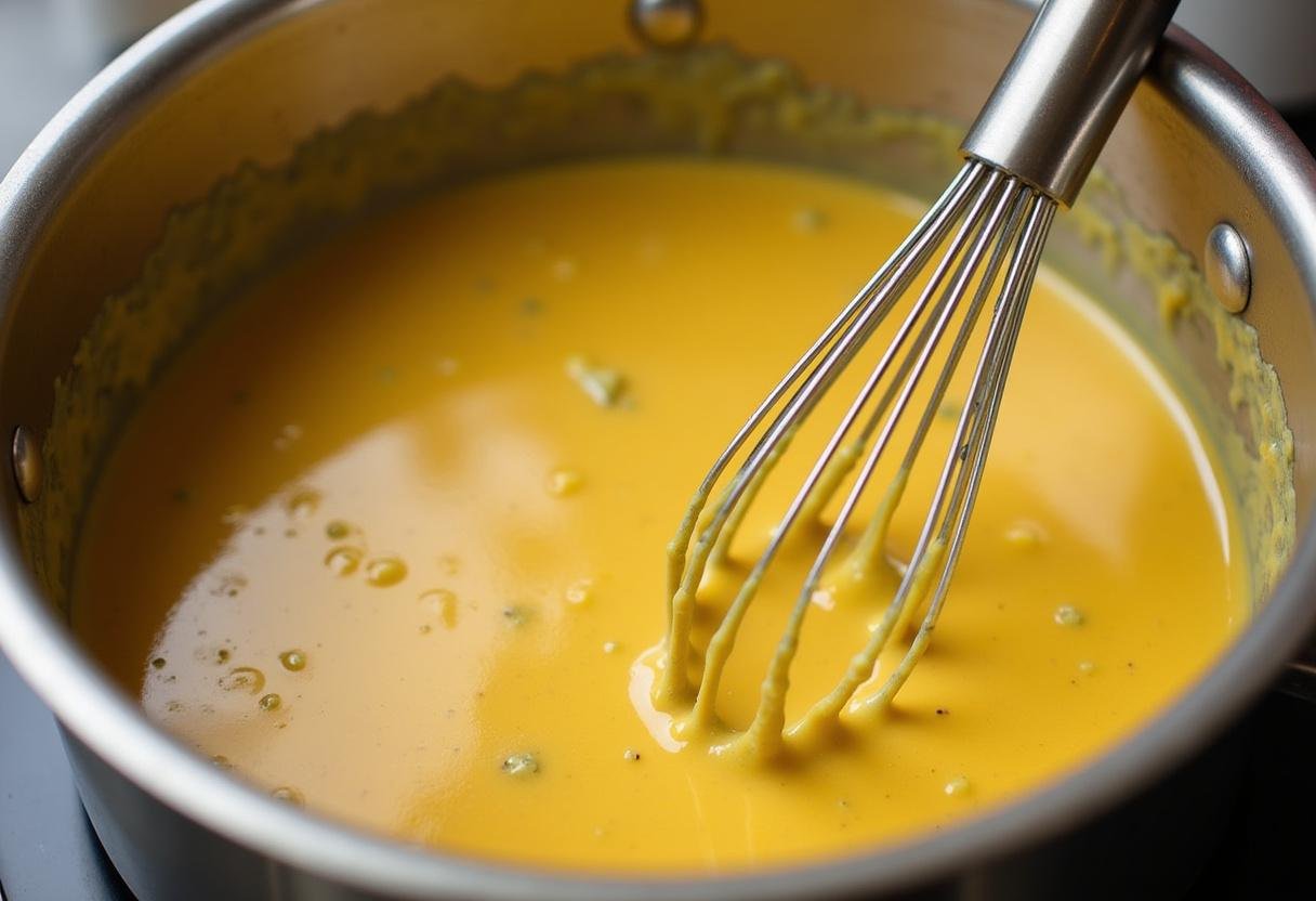 Zubereitung der cremigen Senfsauce aus den Bratensäften für Rheinischer Senfsauce Rinderbraten.