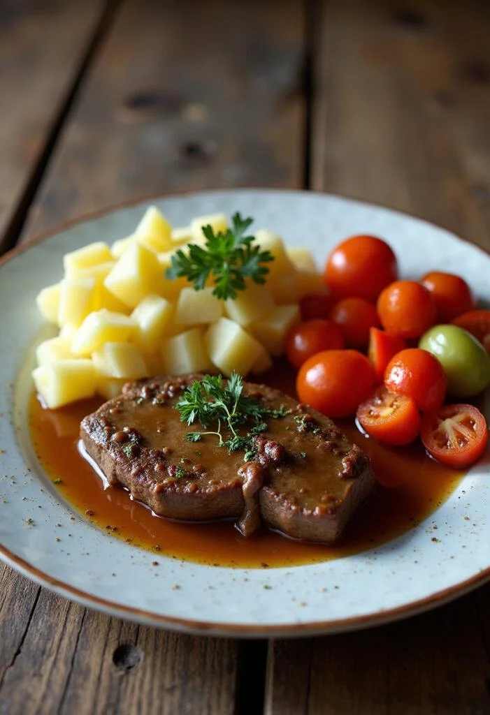 Fertiges Rindergulasch mit Kartoffeln und Gemüse, perfekt für ein gemütliches Essen.