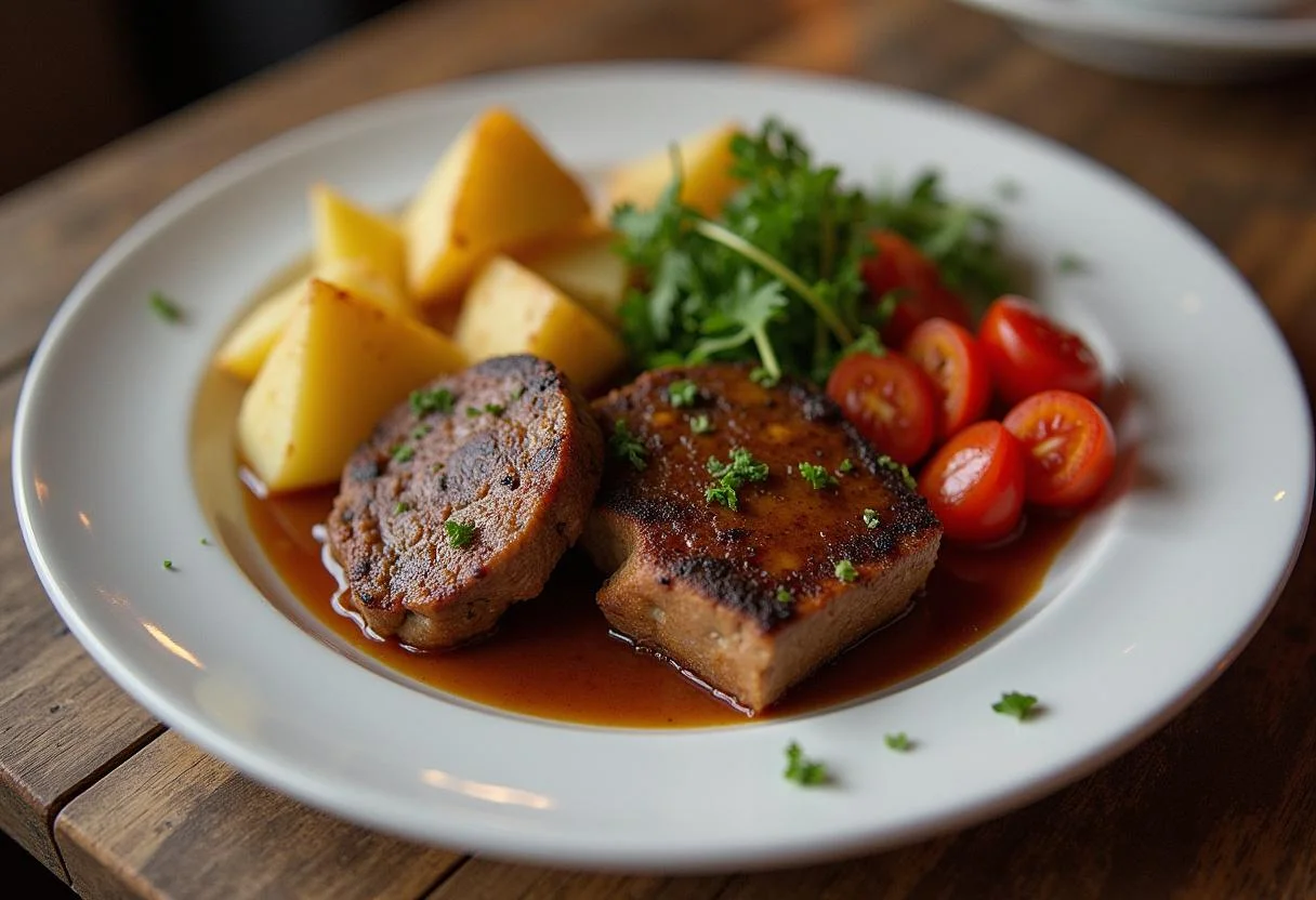 Fertiges Rindergulasch mit Kartoffeln und Gemüse, perfekt für ein gemütliches Essen.