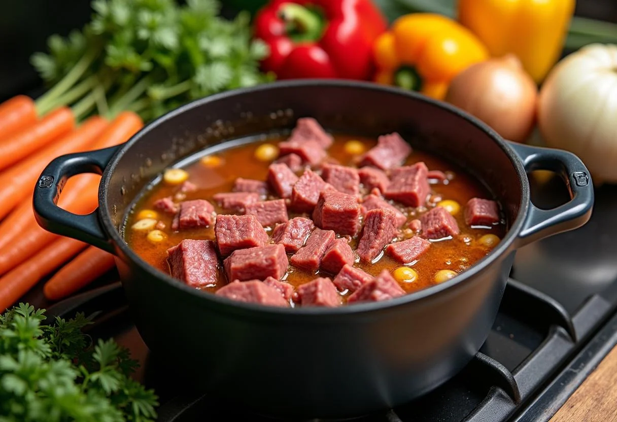 Rindfleisch, das in einem Topf mit frischem Gemüse für Rindergulasch köchelt.