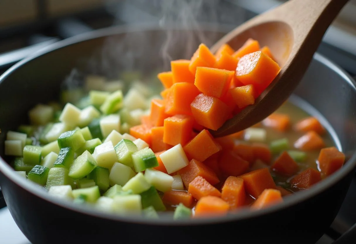 Frisches Gemüse wird in den Topf mit Rindergulasch gegeben.
