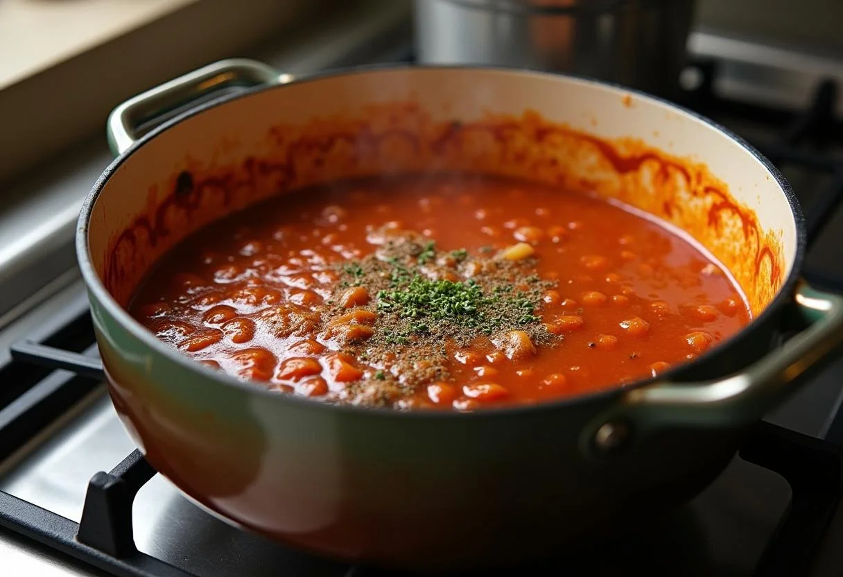 Rindergulasch-Sauce, die auf dem Herd köchelt und würzige Kräuter enthält.