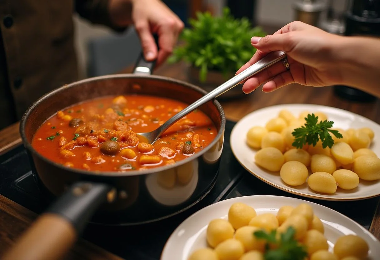 Kartoffeln in einer Schüssel, bereit serviert zu werden, neben dem Rindergulasch.