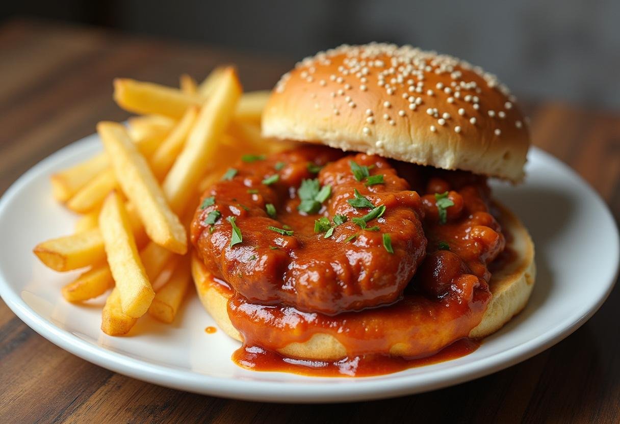 Fertiges Rotes Berliner Currywurstfeuer mit scharfer Soße, serviert mit Pommes und einem Brötchen.