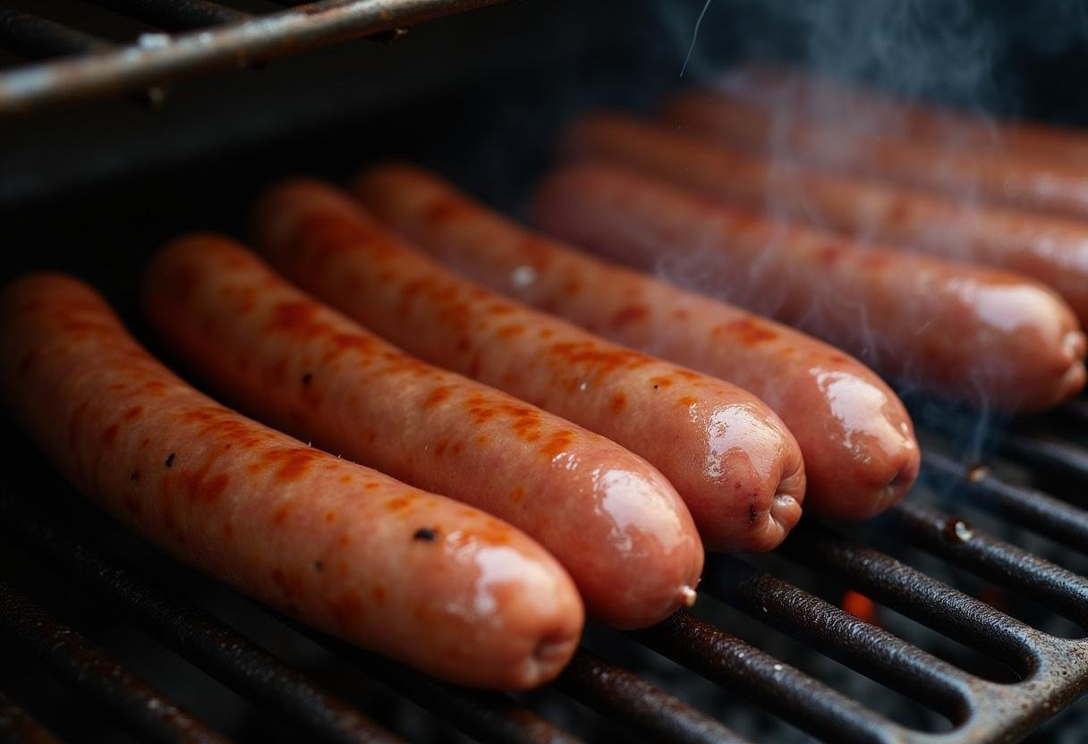 Frische Schweinewürste werden auf einem vorgeheizten Grill für Rotes Berliner Currywurstfeuer platziert.