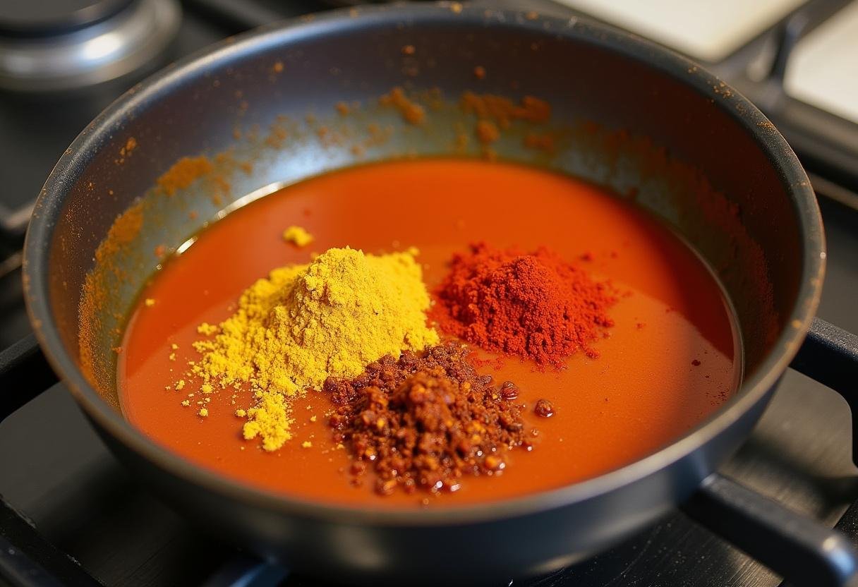 Tomatenmark, Currypulver und Chiliflocken werden in einem Topf zu einer scharfen Soße für Berliner Currywurst verrührt.